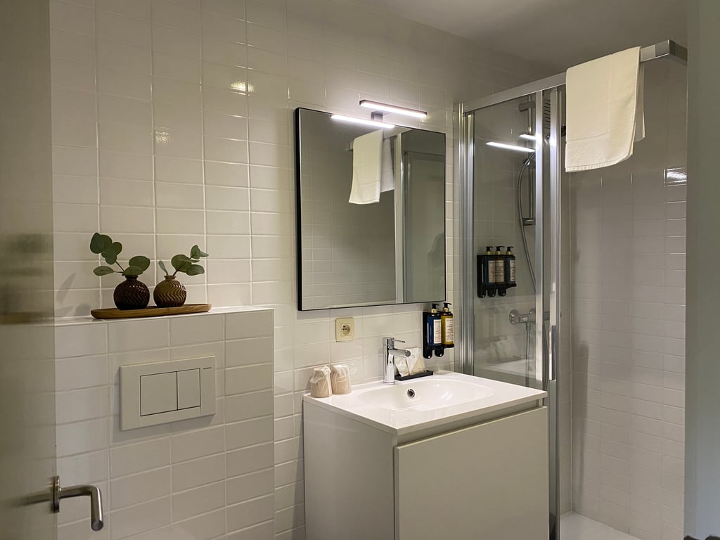 Hoogmolen Verblijf Suite A6 Badkamer Overzicht · Landgoed De Hoogmolen in Oudsbergen